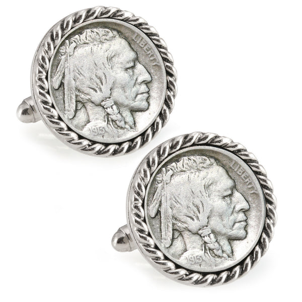 1913 First-Year-of-Issue Buffalo Nickel Silvertone Rope Bezel Coin Cuff Links Image 1