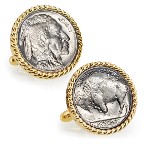 Buffalo Nickel Goldtone Rope Bezel Coin Cuff Links Image 1