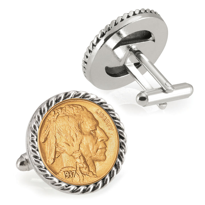 Gold-Layered Buffalo Nickel Silvertone Rope Bezel Coin Cuff Links Image 2