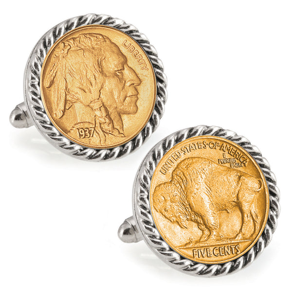 Gold-Layered Buffalo Nickel Silvertone Rope Bezel Coin Cuff Links Image 1