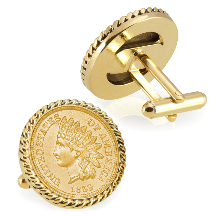 Gold-Layered 1859 First-Year-of-Issue Indian Head Penny Goldtone Rope Bezel Coin Cufflinks Image 2