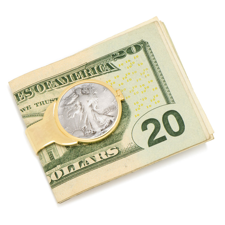 Silver Walking Liberty Half Dollar Goldtone Money Clip Image 3