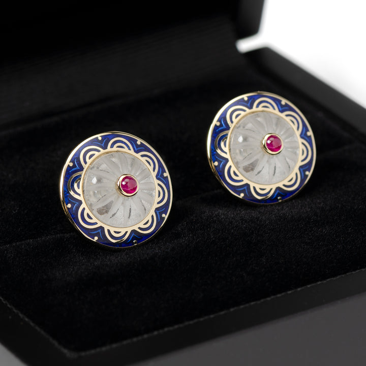 18ct Yellow Gold Round Cufflinks with Ruby Center Image 5
