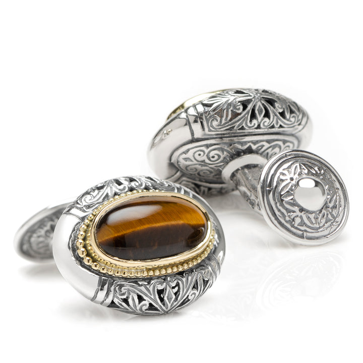 Sterling Silver and 18k Gold Tiger Eye Oval Cufflinks Image 2