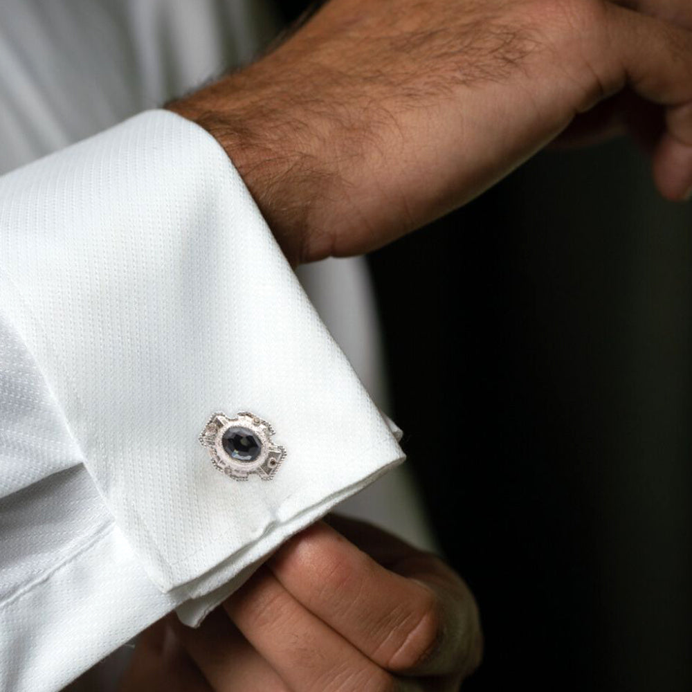 Sterling Silver Round Hematite and White Quartz Doublet Cufflinks with Pear Shaped White Sapphires and 0.10ct Round Champagne Diamonds.  Image 2