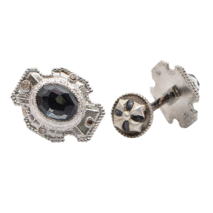 Sterling Silver Oval Cut Hematite and White Quartz Doublet Cross Cufflinks with Champagne Diamonds (0.18 TCW) Image 1