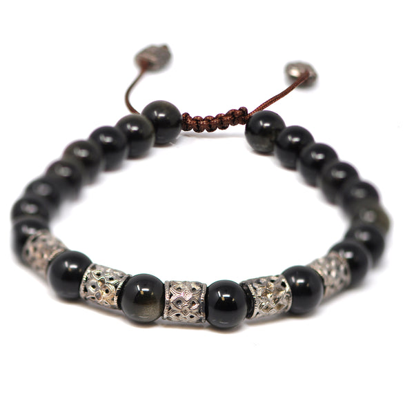 Gunmetal Sterling Silver beaded adjustable beaded bracelet with 8mm Golden Obsidian, 5 carved texture stations and monogrammed pulls. Image 1