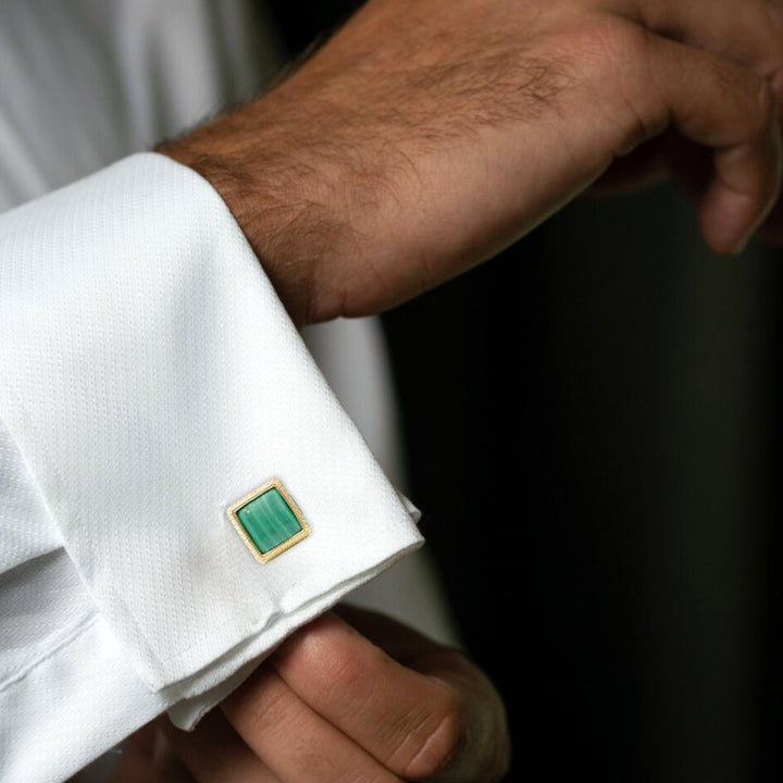 18k Yellow and Grey Sterling Silver Cufflinks with 13x12 Malachite Stone. Image 2
