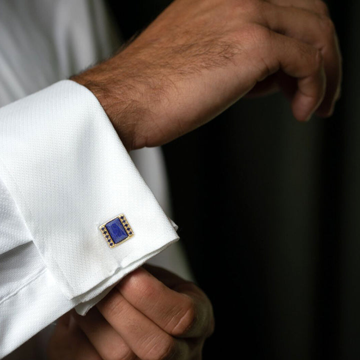 18k yellow gold and sterling silver cufflinks with Iolite surround and 13x9 Lapis Lazuli stones Image 2