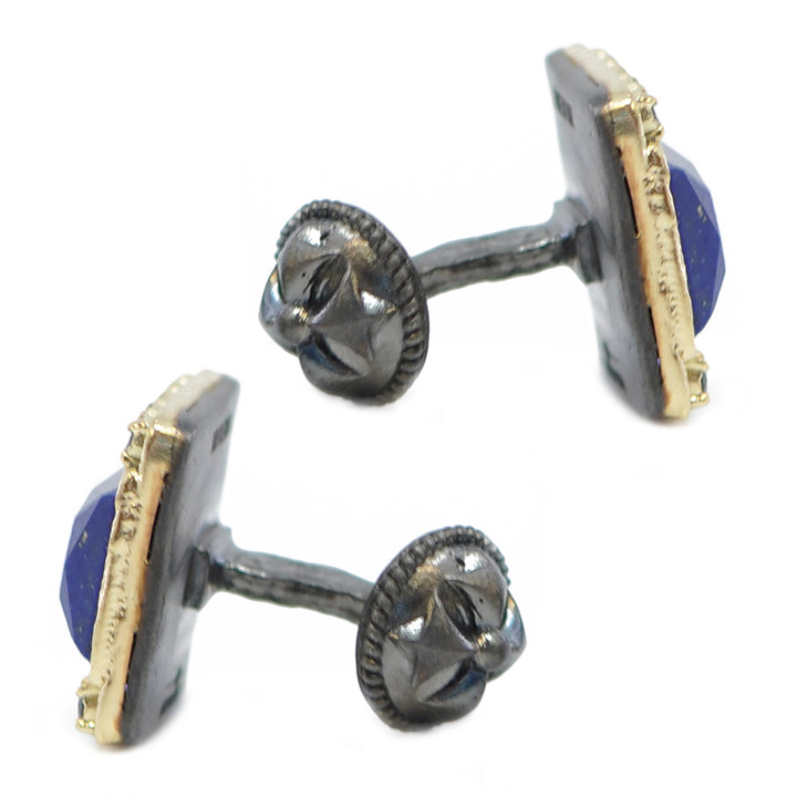 18k yellow gold and sterling silver cufflinks with Iolite surround and 13x9 Lapis Lazuli stones Image 3