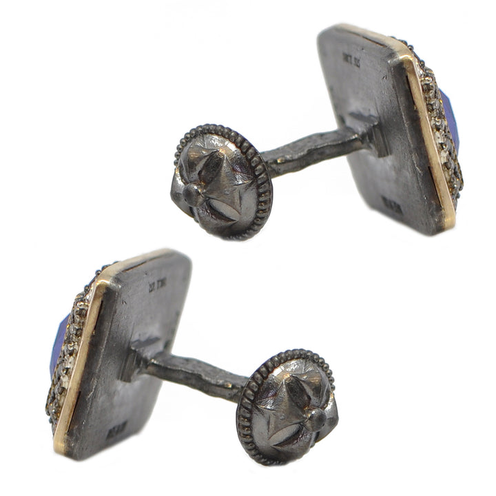 18k yellow gold and sterling silver cufflinks with 0.894CT champagne diamond surround and 13x9 Lapis Lazuli stones Image 3