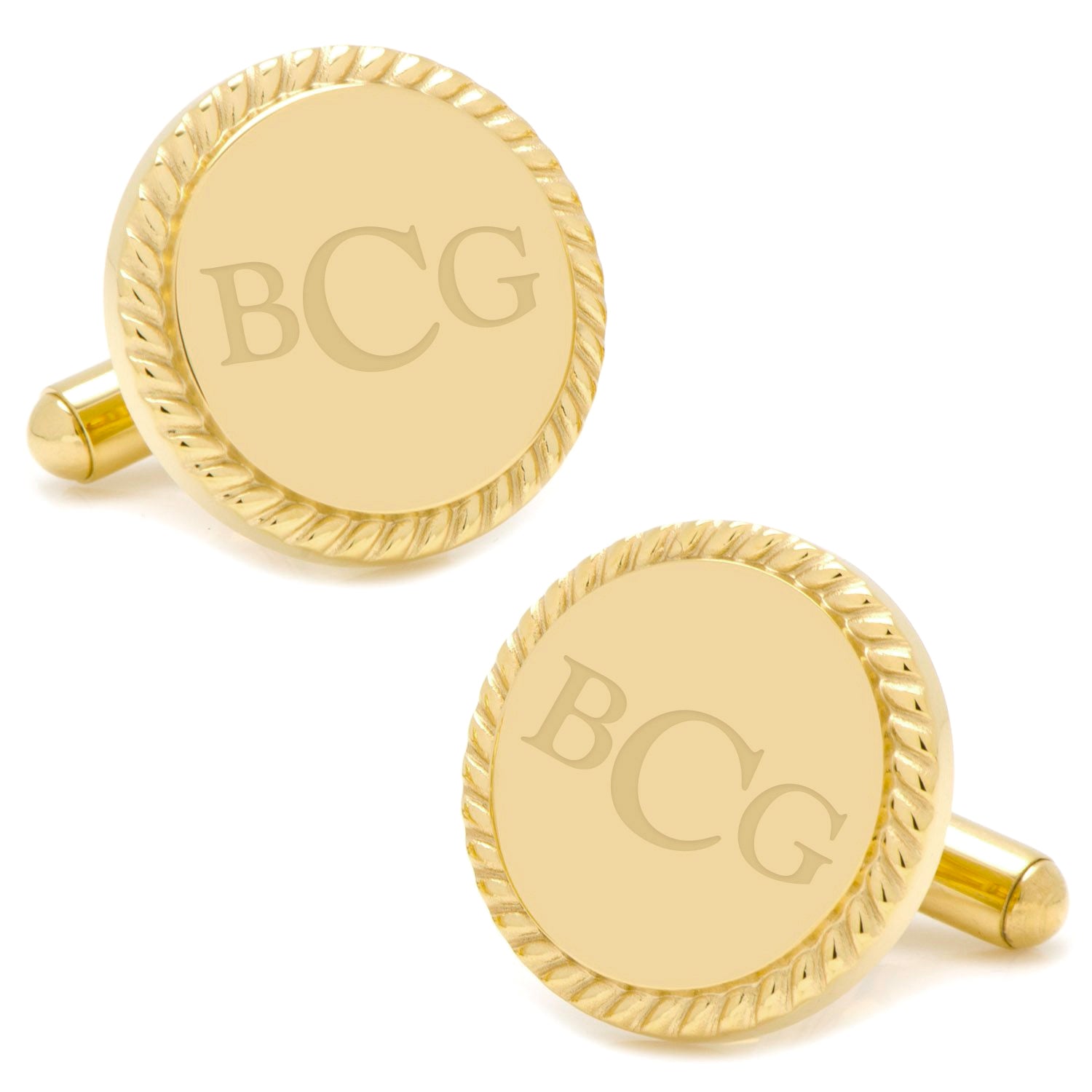 14K Gold Plated Rope Border Round Engravable Cufflinks Image 4