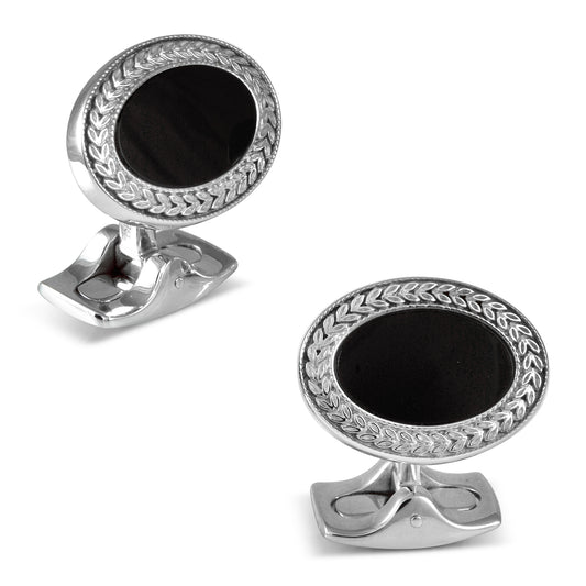 Classic White Rhodium & Onyx Oval Cufflinks Image 1