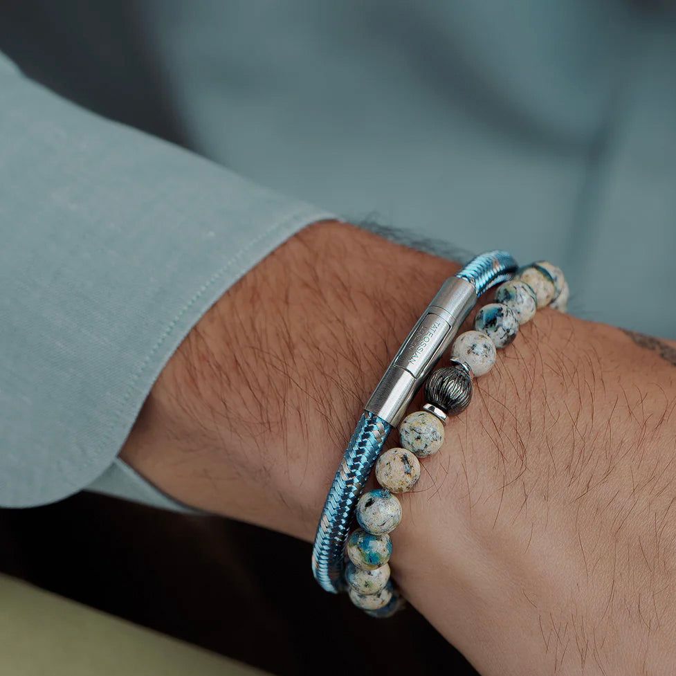 Lhasa Graffiato Beaded Bracelet in Rhodium Silver with Cream and Blue Azurite Image 2