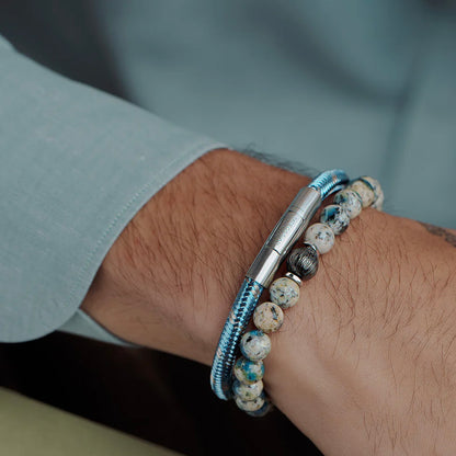 Lhasa Graffiato Beaded Bracelet in Rhodium Silver with Cream and Blue Azurite Image 2