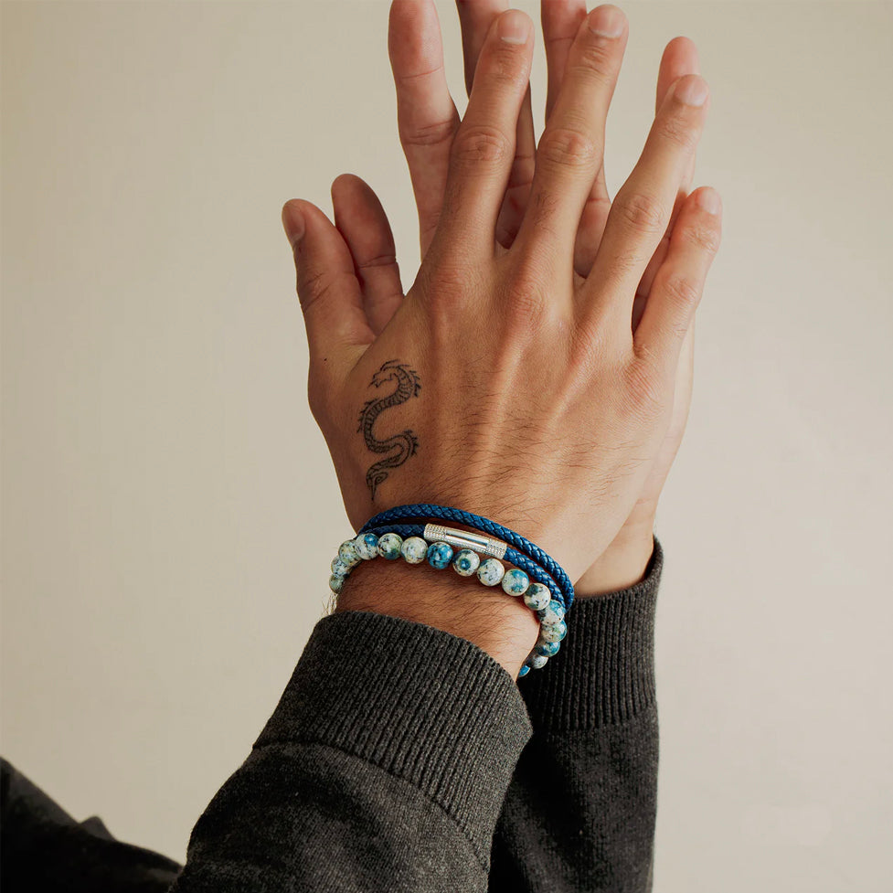 Lhasa Graffiato Beaded Bracelet in Rhodium Silver with Cream and Blue Azurite Image 4