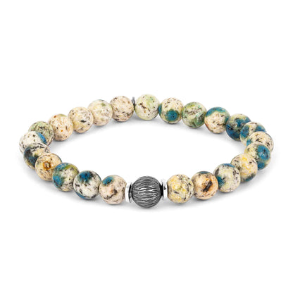 Lhasa Graffiato Beaded Bracelet in Rhodium Silver with Cream and Blue Azurite Image 1