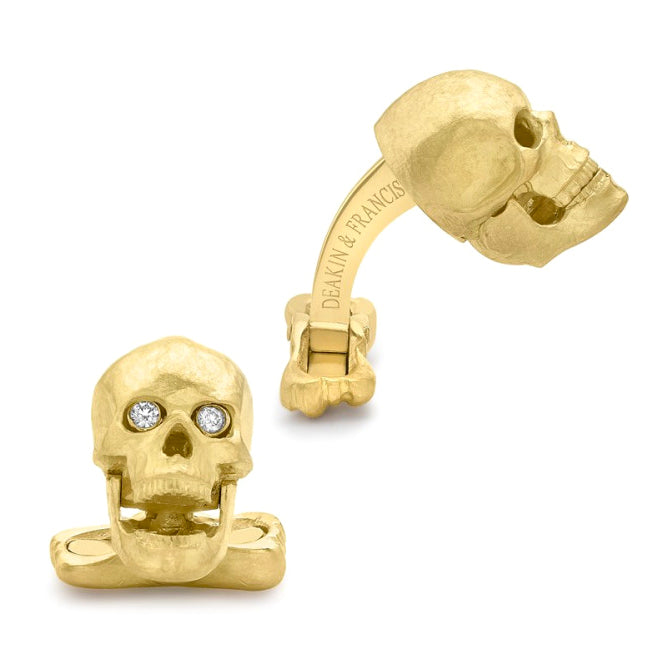 18K Yellow Gold Skull Cufflinks with Popping Diamond Eyes Image 4