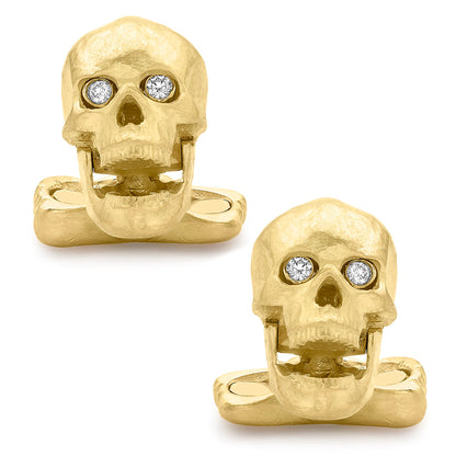 18K Yellow Gold Skull Cufflinks with Popping Diamond Eyes Image 1