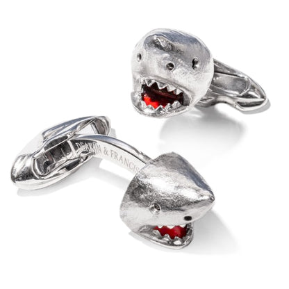 18K White Gold Shark Cufflinks with Moving Jaw & Diamond Eyes Image 2