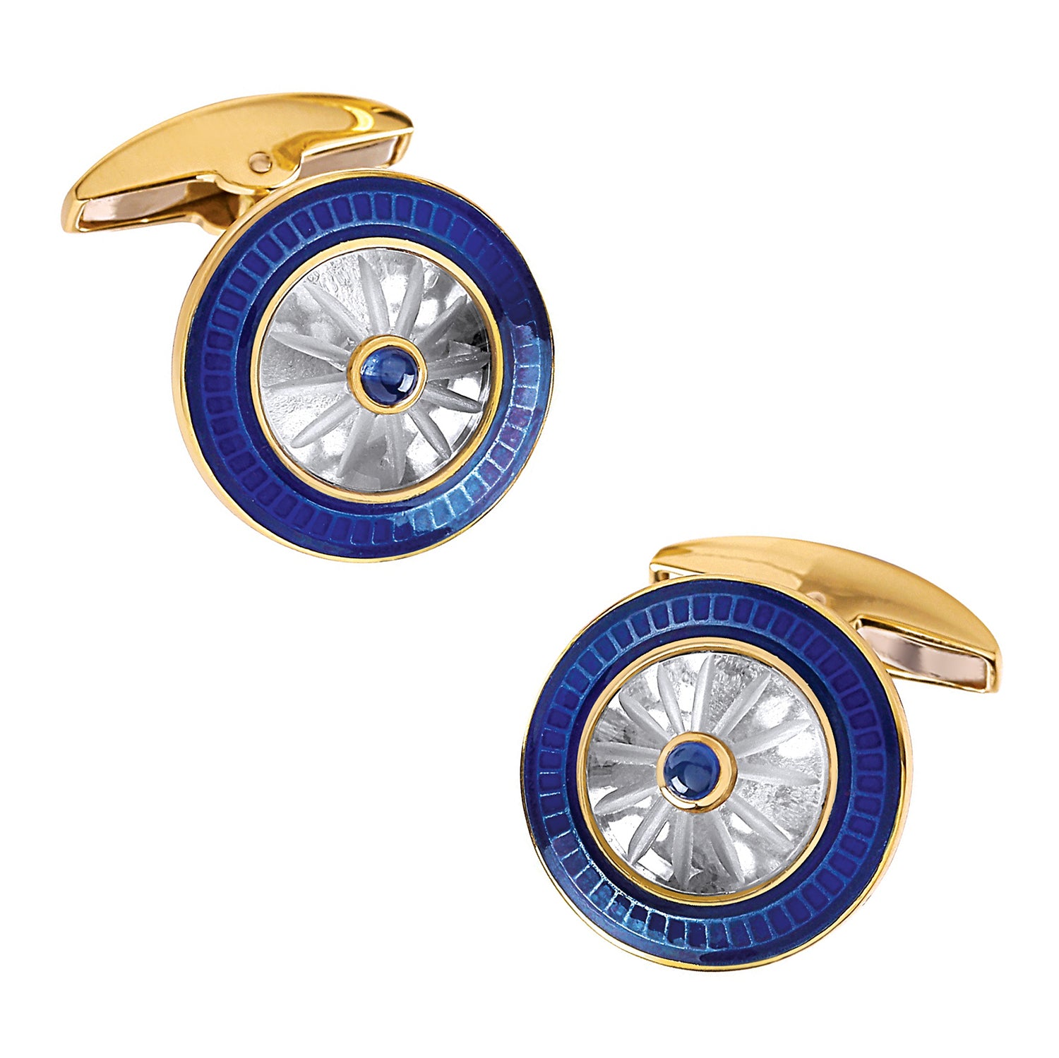 18K Gold Round Crystal Cufflinks with Sapphire Center Image 1