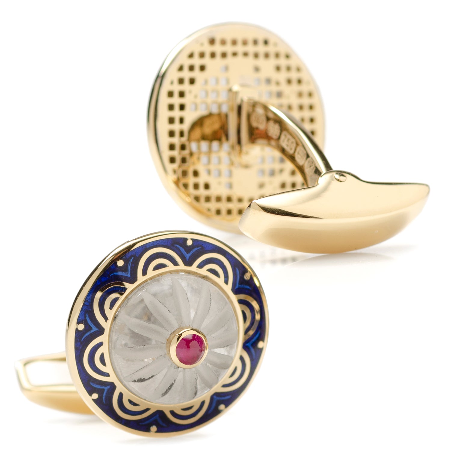 18ct Yellow Gold Round Cufflinks with Ruby Center Image 3