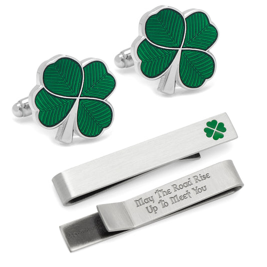 Green Clover Cufflinks and Tie Bar Gift Set Image 1