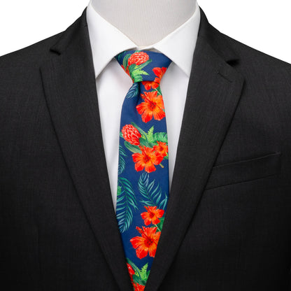 Tropical Hibiscus Men's Navy Tie Image 2