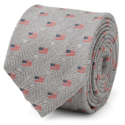 Light Gray Herringbone American Flag Men's Tie Image 1