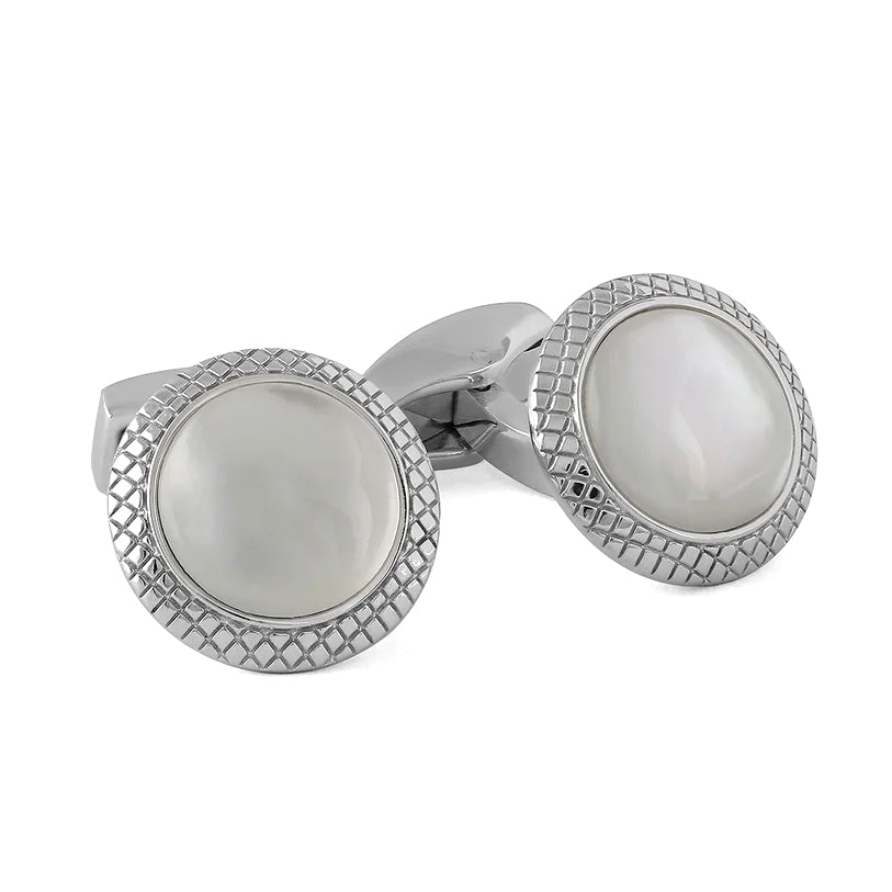 White Mother of Pearl Bullseye Semi Precious Cufflinks Palladium Plated Image 1