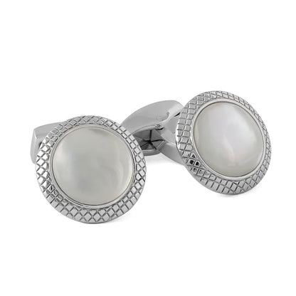 White Mother of Pearl Bullseye Semi Precious Cufflinks Palladium Plated Image 1