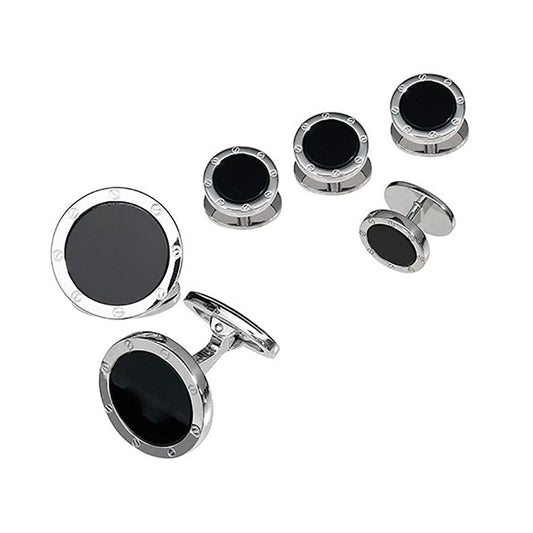 Onyx Rivet Etch Detail Sterling Silver Cufflinks Stud Set Image 1