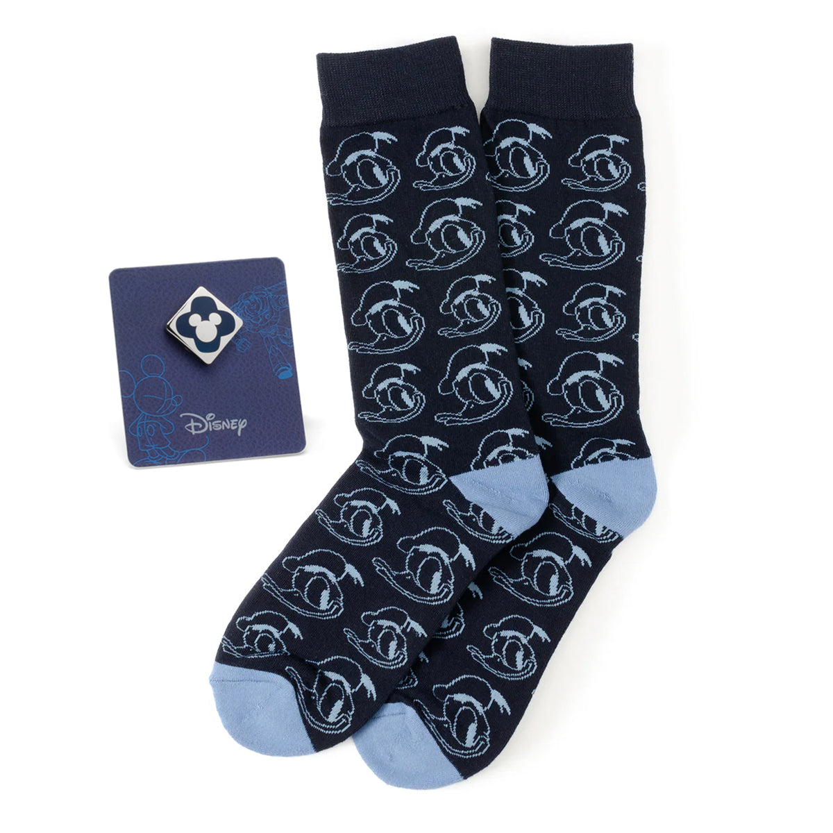 Donald Patterned Blue Sock and Mickey Blue Lapel Pin Gift Set Image 1