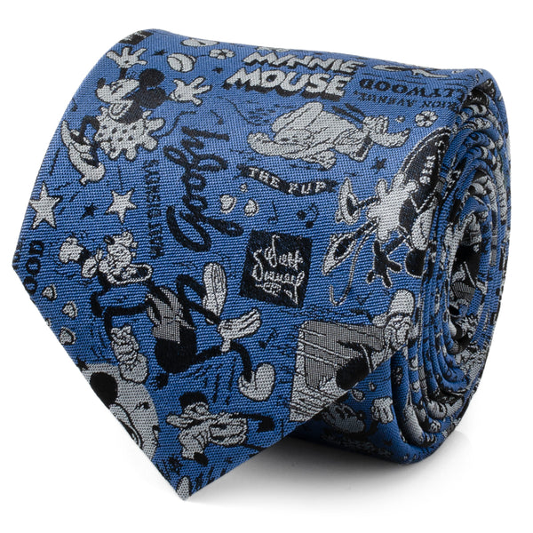 D100 Mickey & Friends Vintage Hollywood Blue Men's Tie Image 1