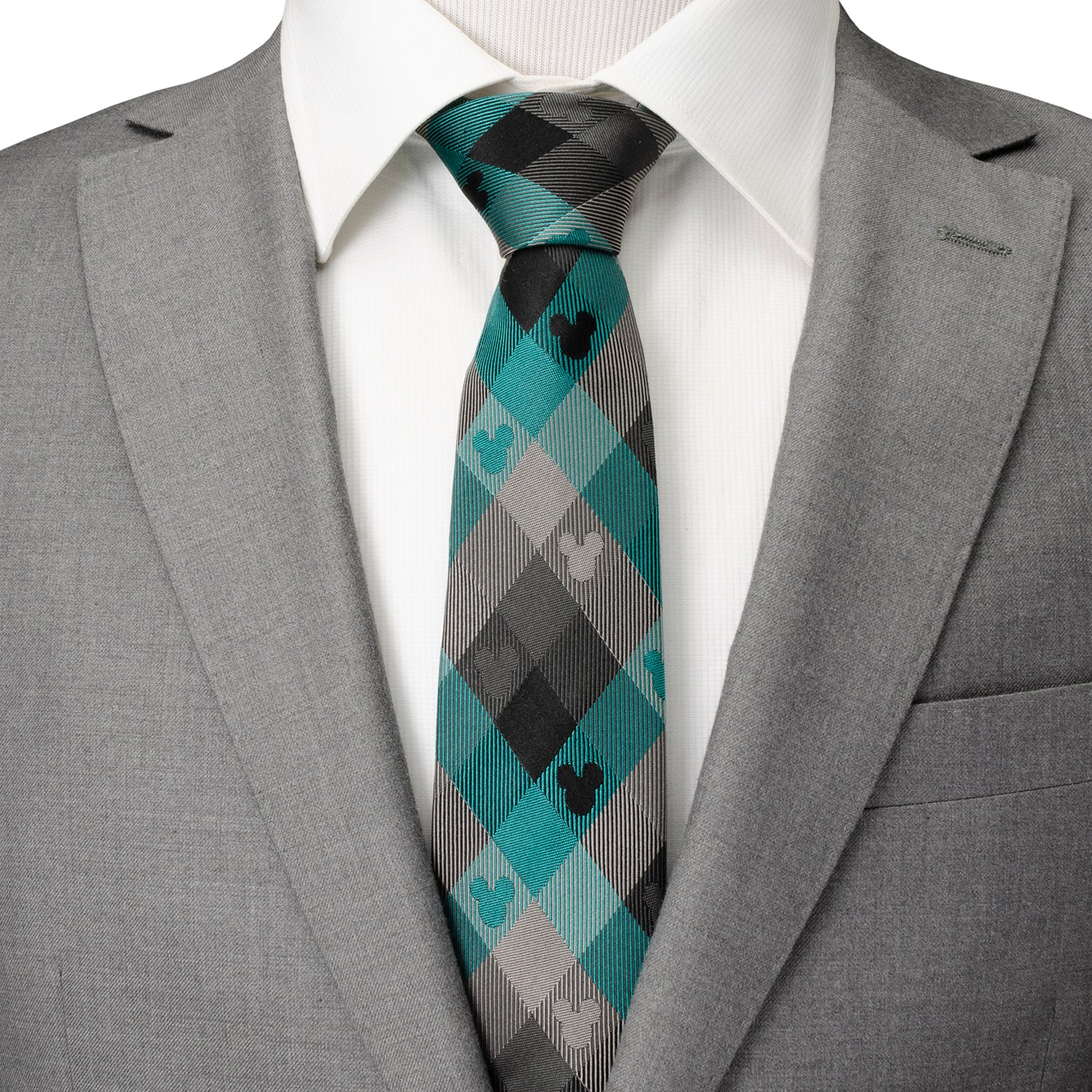 Mickey Silhouette Teal Plaid Men's Tie Image 2