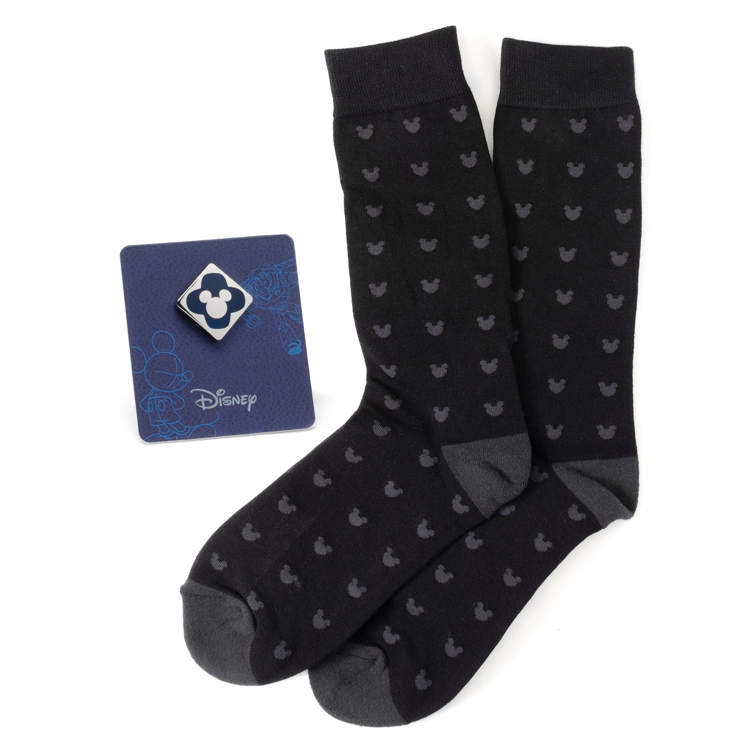 Disney Mickey Mouse Silhouette Motif Black Sock and Mickey Blue Lapel Pin Gift Set Image 1