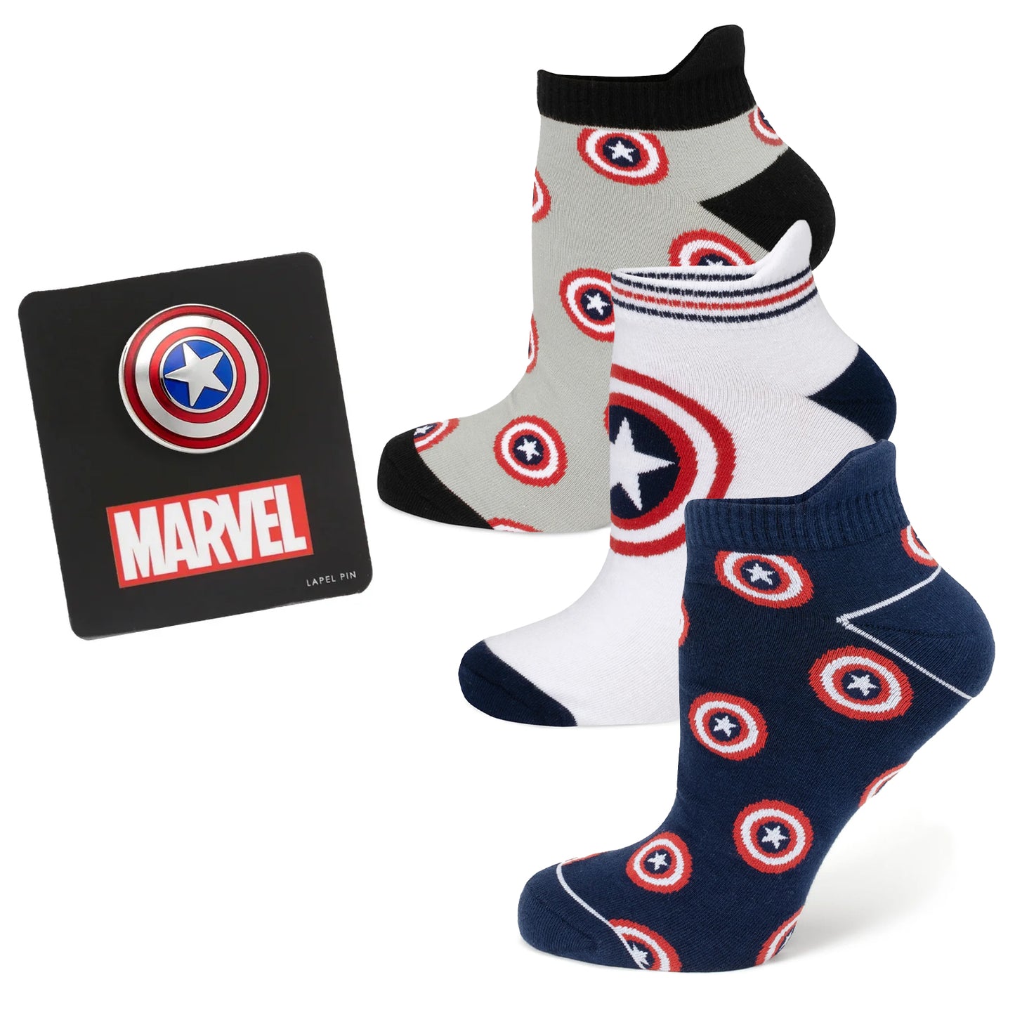 Captain America Ankle Socks 3 Pack and Lapel Pin Gift Set Image 1