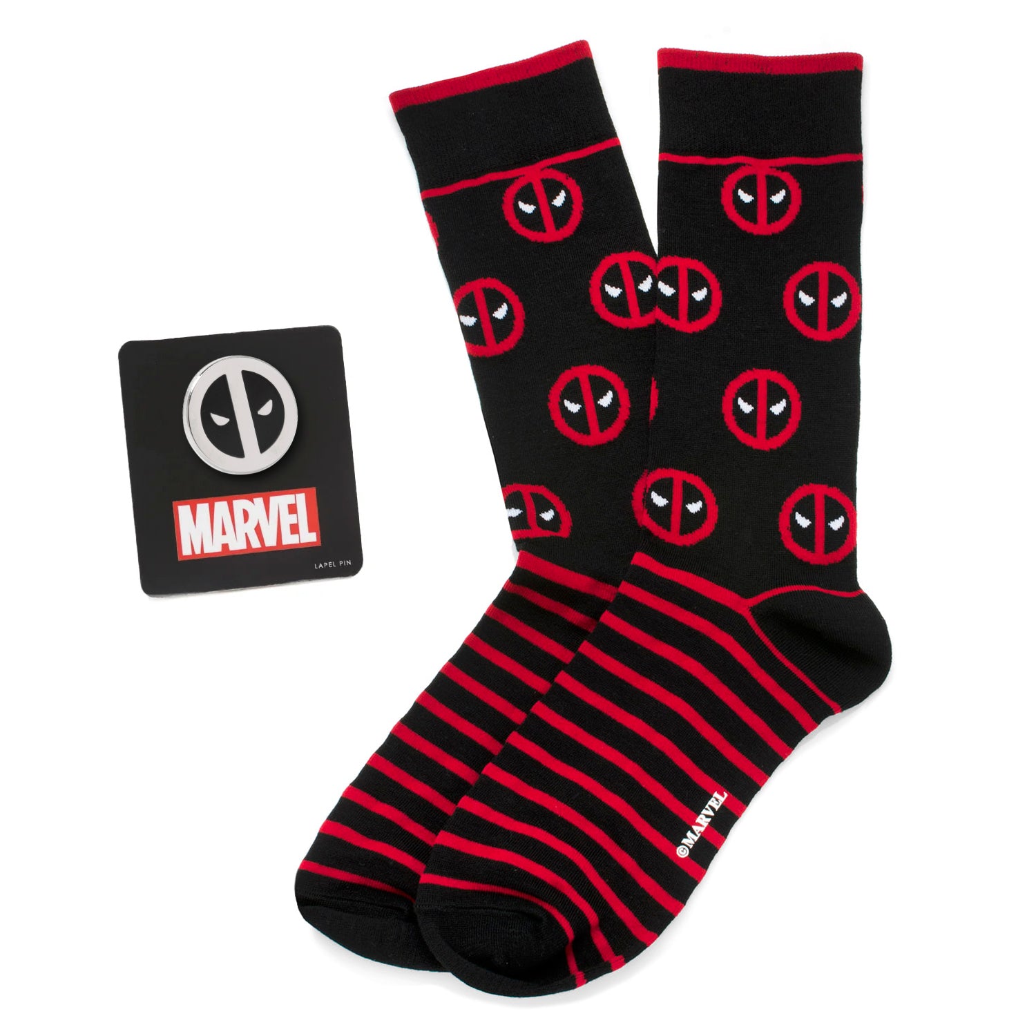 Regenerate yourself with this pair of Deadpool-themed socks. A series of Deadpool mask emblems is scattered above a panel of crimson and black stripes, and a Marvel Comics logo is picked out on the sole in bright white. Officially licensed by Marvel. Image 1