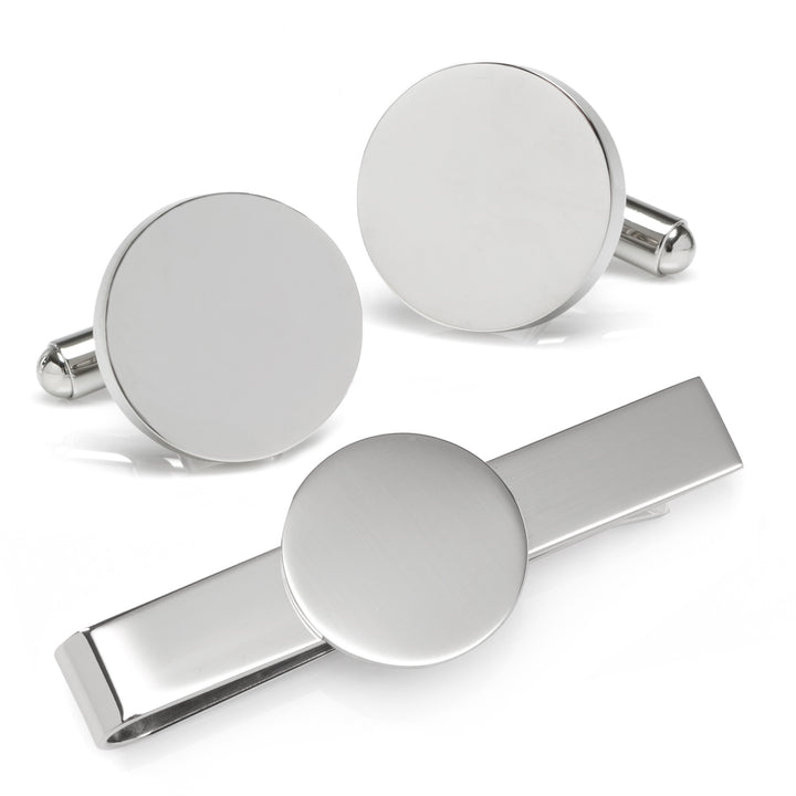 Engravable Round Infinity Cufflinks and Tie Bar Gift Set Image 1