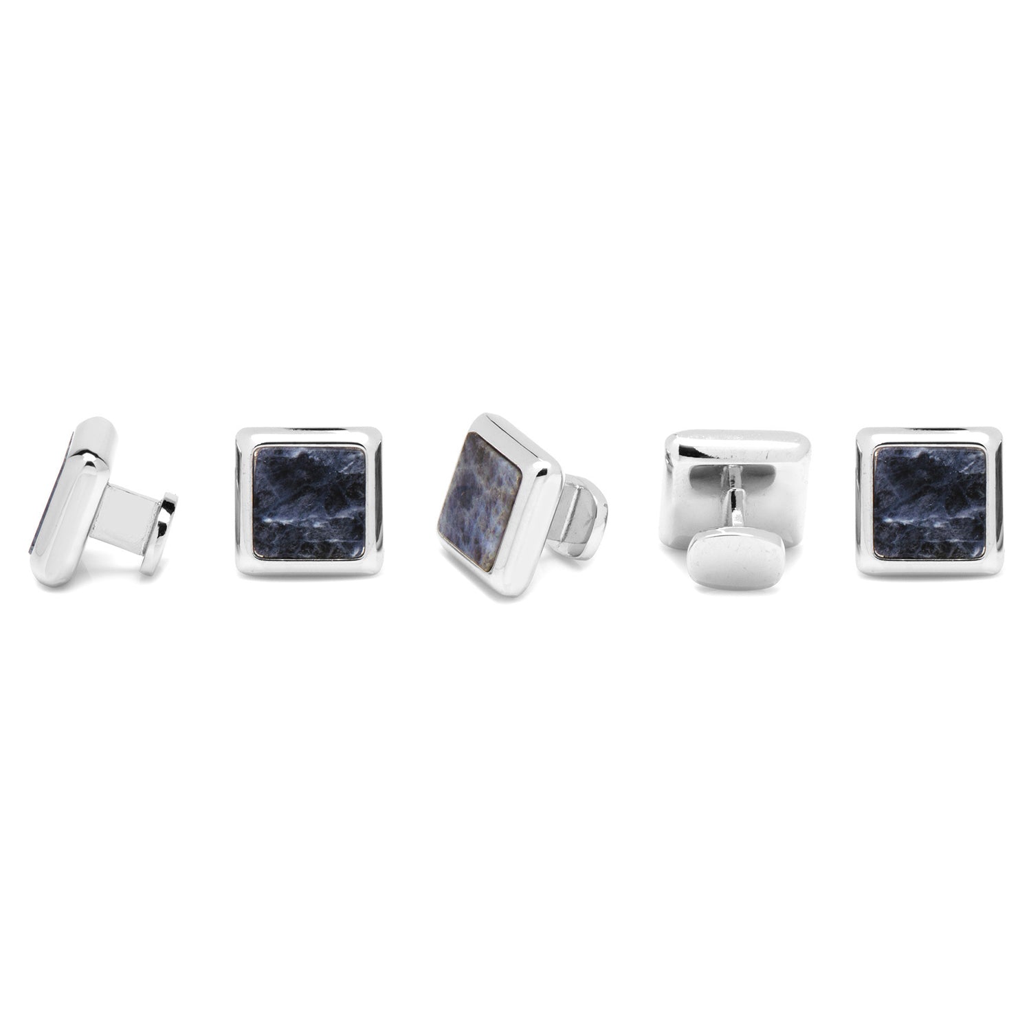 Our silver plated and sodalite JFK Presidential cufflinks and stud set is a solid staple for every cufflink collection. Inspired by the 35th President of the United States, silver and sodalite command a strikingly sleek and stylish design. Featuring semi-precious stones, no two pairs are exactly alike, which leaves you to ask not what your cufflinks can do for you, but what you can do for your cufflinks. Includes individual gift box. Image 3