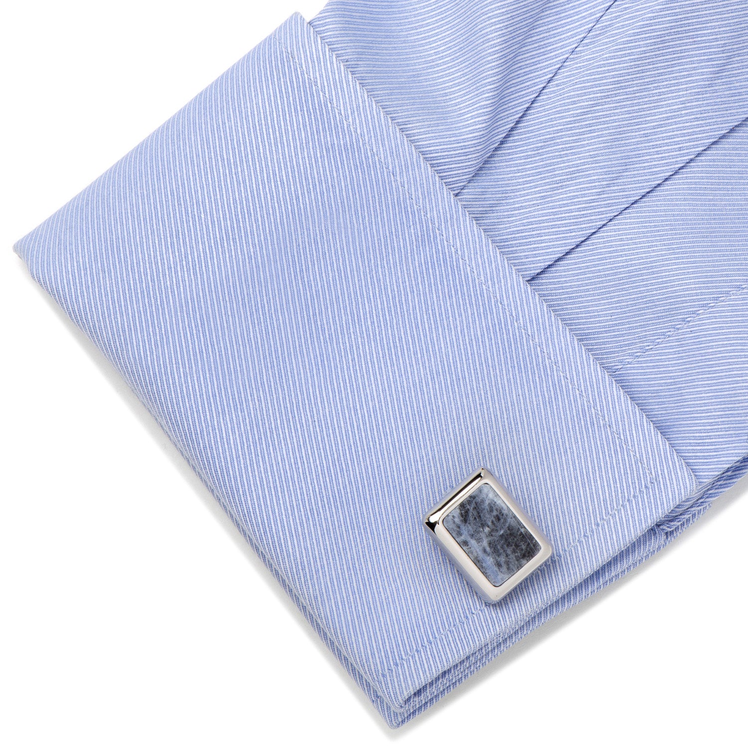 Our silver plated and sodalite JFK Presidential cufflinks and stud set is a solid staple for every cufflink collection. Inspired by the 35th President of the United States, silver and sodalite command a strikingly sleek and stylish design. Featuring semi-precious stones, no two pairs are exactly alike, which leaves you to ask not what your cufflinks can do for you, but what you can do for your cufflinks. Includes individual gift box. Image 6