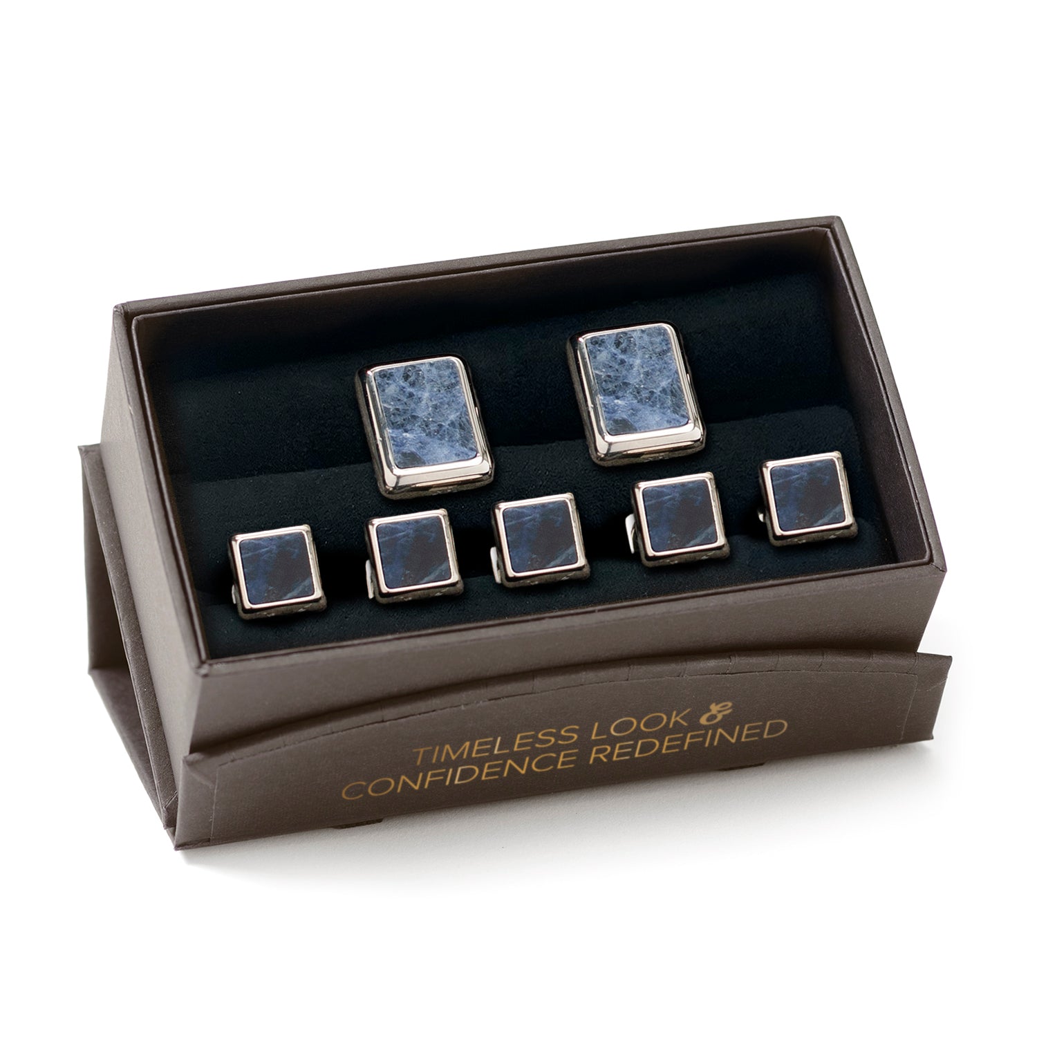 Our silver plated and sodalite JFK Presidential cufflinks and stud set is a solid staple for every cufflink collection. Inspired by the 35th President of the United States, silver and sodalite command a strikingly sleek and stylish design. Featuring semi-precious stones, no two pairs are exactly alike, which leaves you to ask not what your cufflinks can do for you, but what you can do for your cufflinks. Includes individual gift box. Image 7