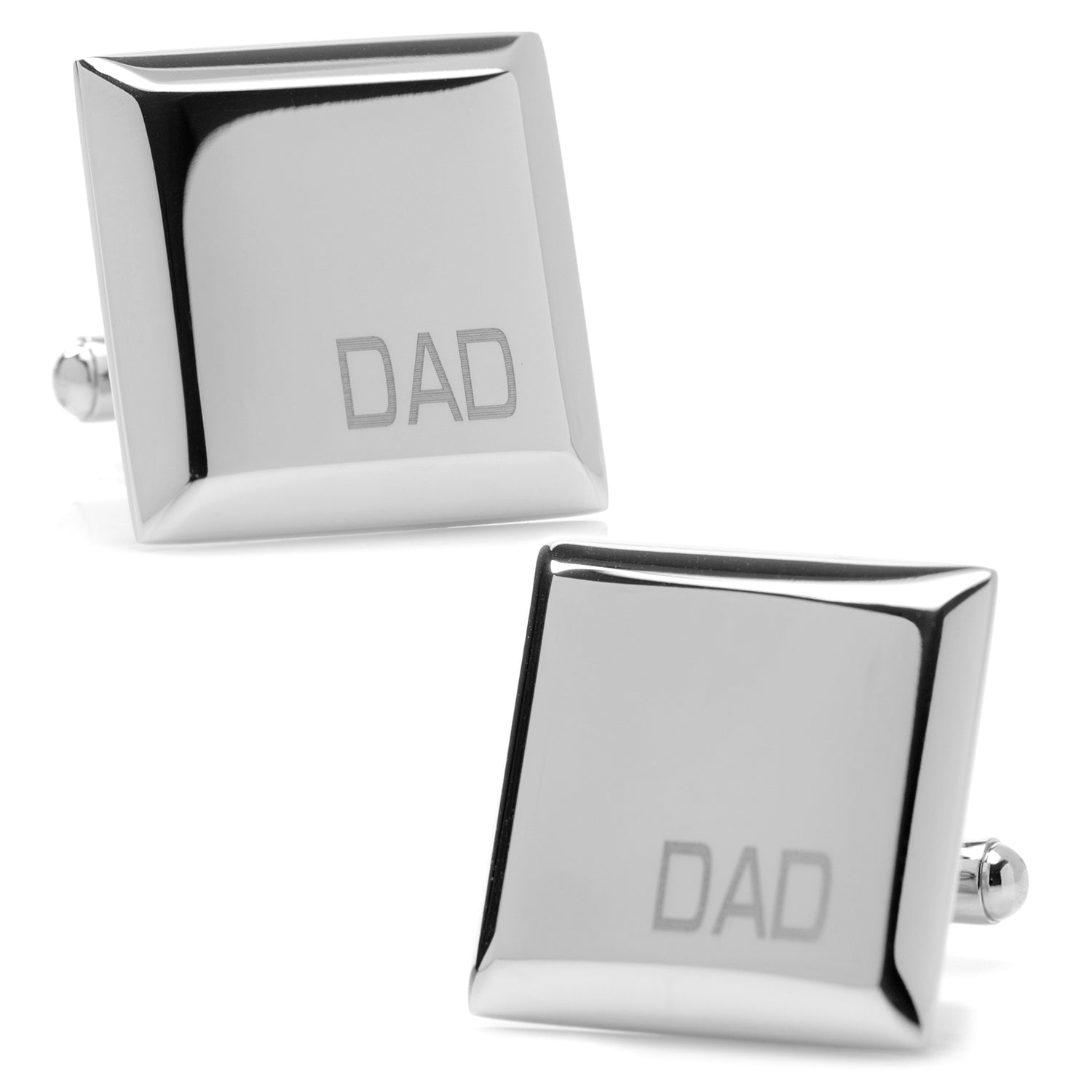 Is your Dad rad? Remind him of how much you love him, with this set of beveled-edge stainless steel cufflinks, featuring a simple DAD engraving in one corner. Timeless and classic: just like him. Includes individual gift box. Image 1