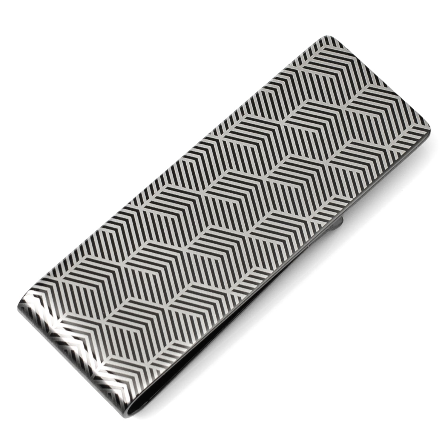 Angular Patterned Stainless Steel Gunmetal Engravable Money Clip Image 1