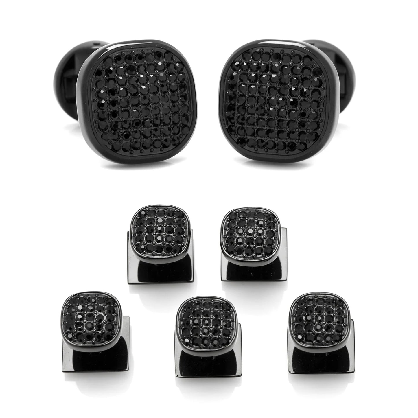 Stainless Steel Black Plated Black Crystal Cufflinks and Stud Set Image 1