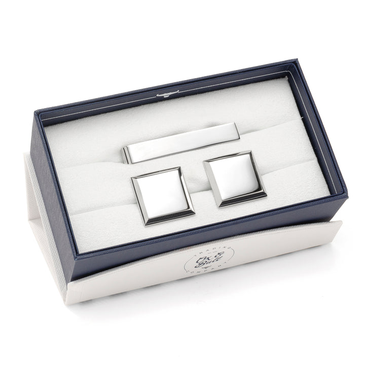 Stainless Steel Beveled Square Engravable Cufflinks and Tie Bar Gift Set Image 2