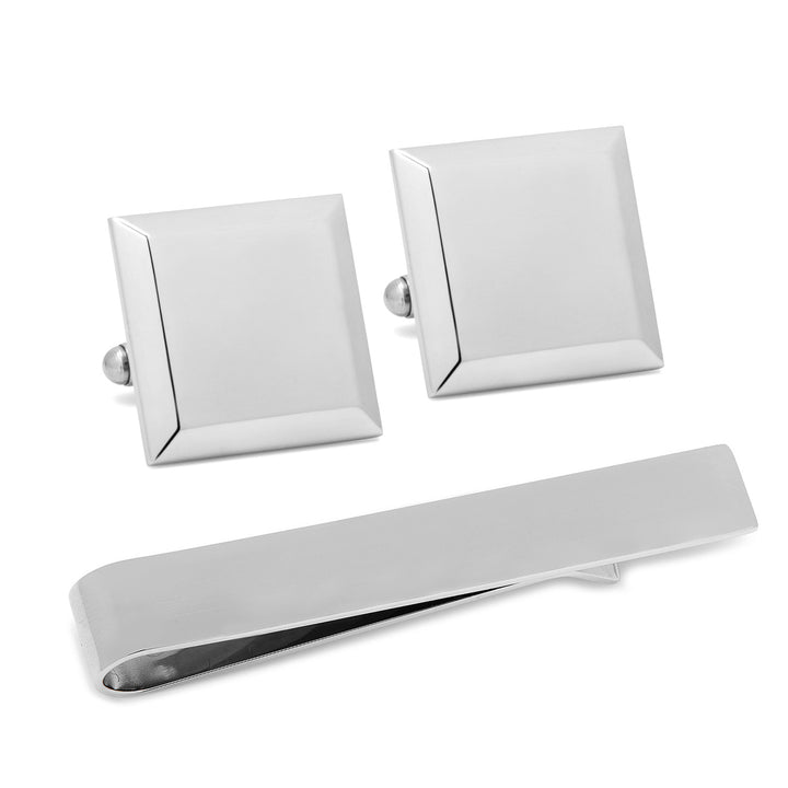 Stainless Steel Beveled Square Engravable Cufflinks and Tie Bar Gift Set Image 1