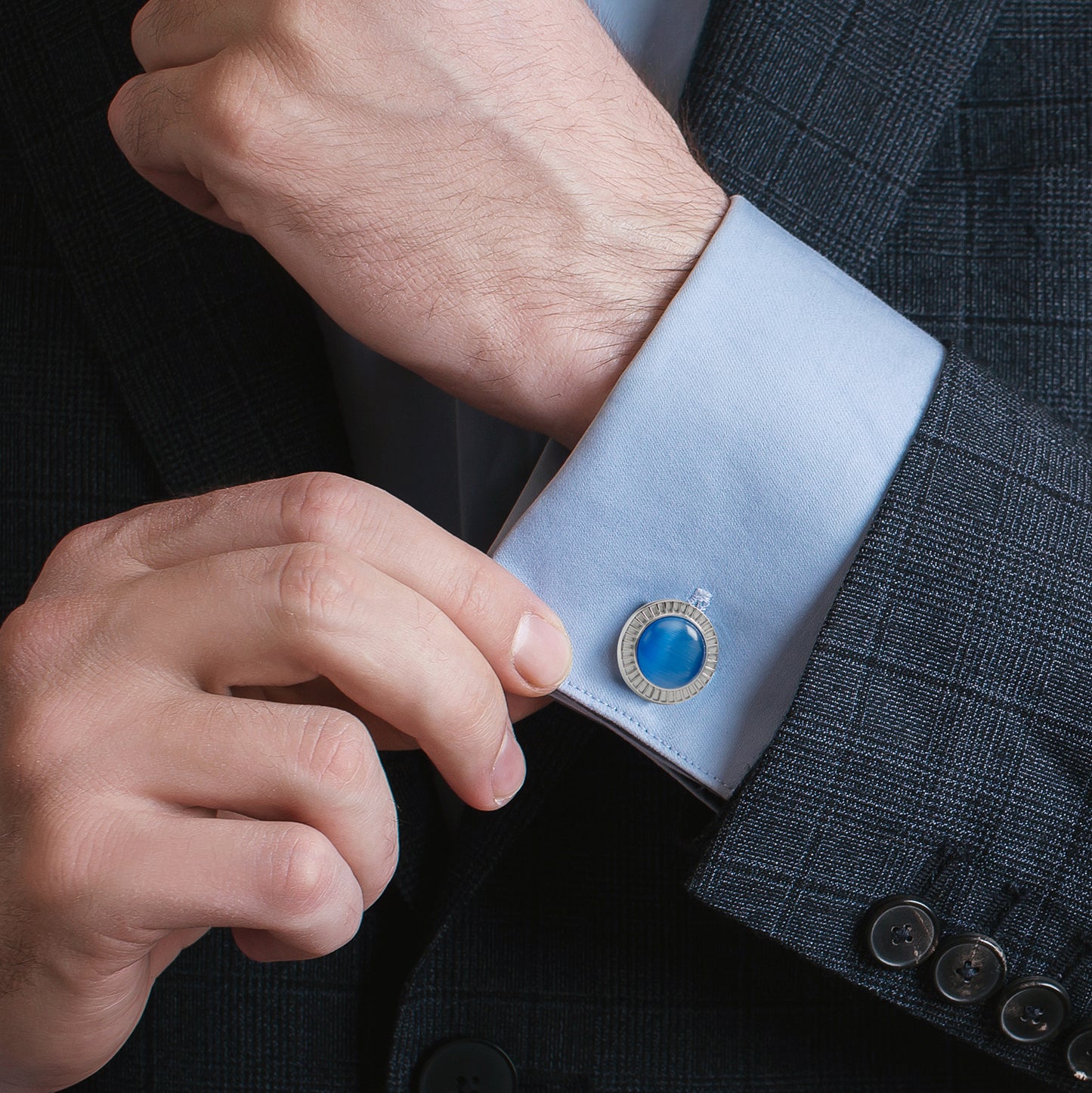 Radiant Blue Catseye Stainless Steel Cufflinks Image 2