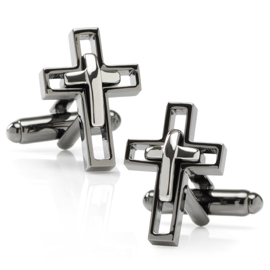 Gun Metal Cut Out Cross Cufflinks Image 1