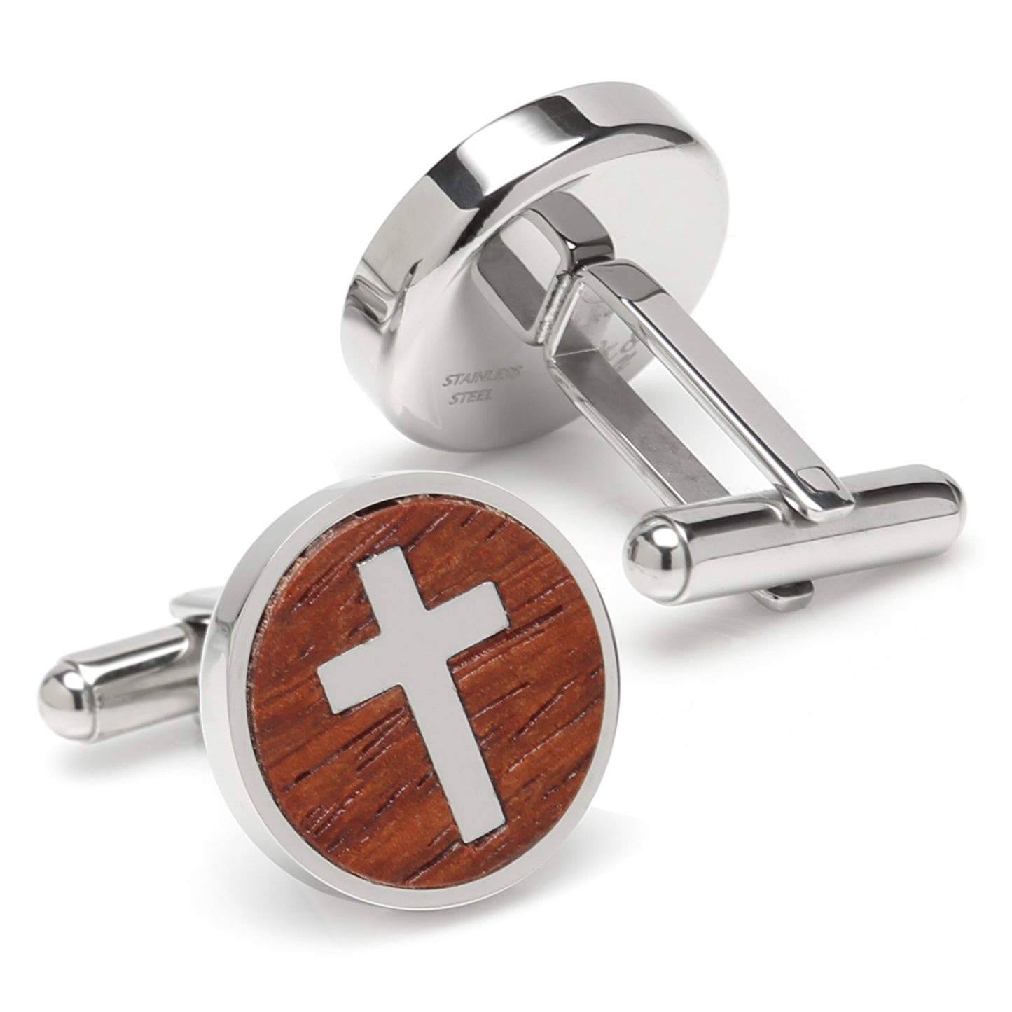 Cross Round Wood Stainless Steel Cufflinks Image 2